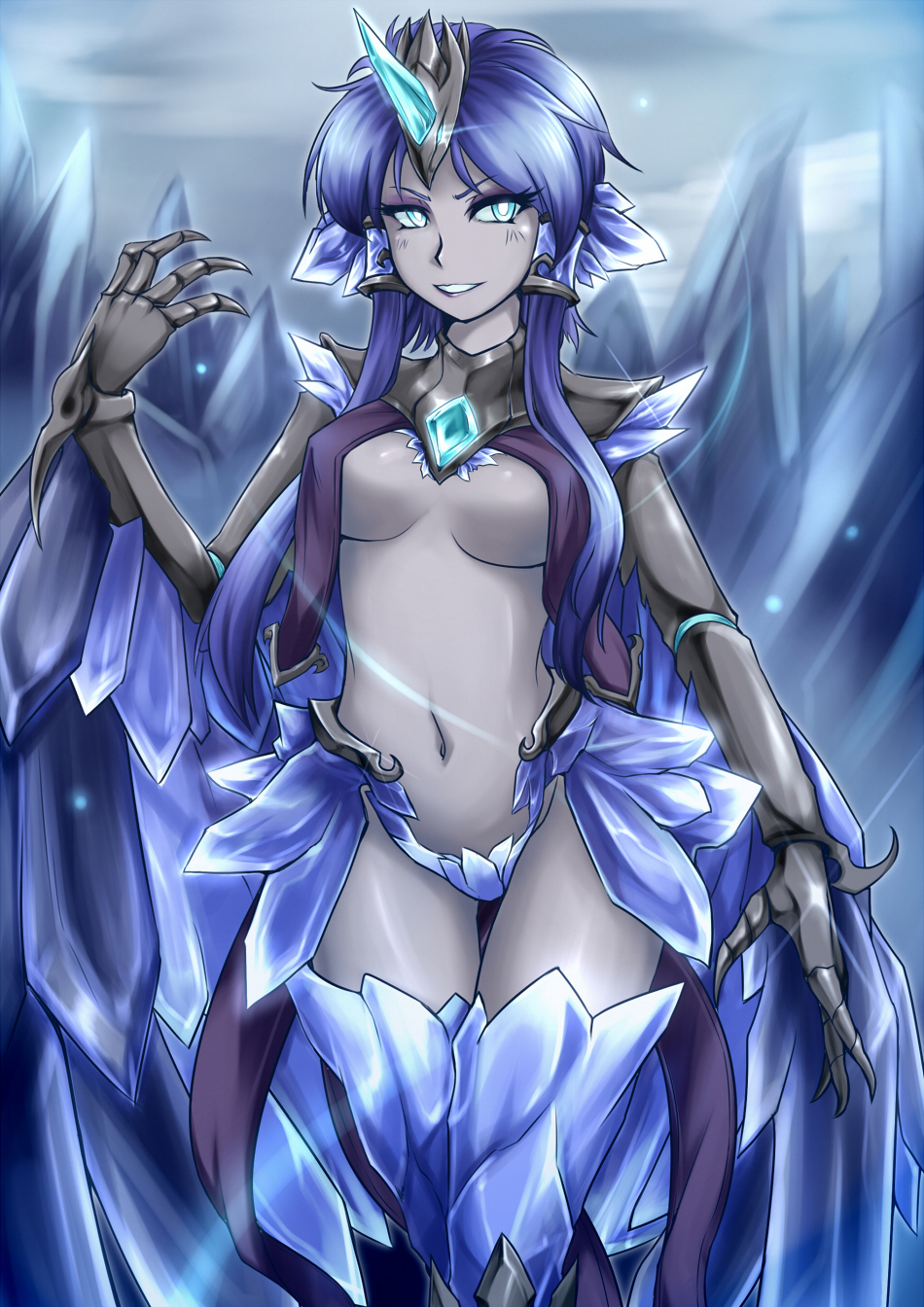 1girl alternate_costume anivia blue_eyes blue_hair claws dark_skin evil feathered_wings harpy highres ice league_of_legends monster_girl nam_(valckiry) personification short_hair snow solo tail wings