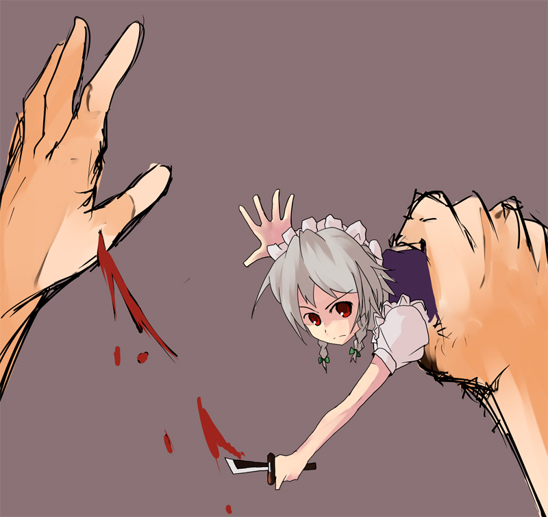 bleeding blood cuts hairband hands injury izayoi_sakuya knife knifed maid mie_haru mieharu minigirl red_eyes ribbon ribbons short_hair silver_hair touhou wound