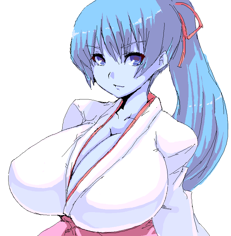 blue_skin breasts cleavage gegege_no_kitarou goban huge_breasts japanese_clothes kimono large_breasts miko ponytail ribbon ribbons yuki_onna yukionna
