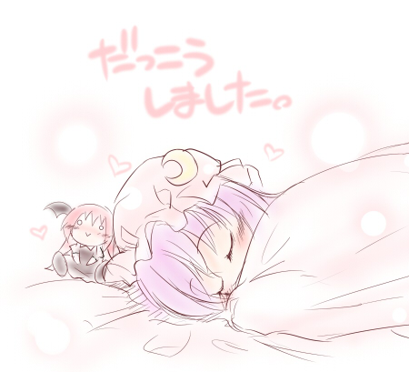 character_doll closed_eyes doll fechirin hat head_wings heart koakuma lowres o_o patchouli_knowledge sketch sleeping solo touhou under_covers