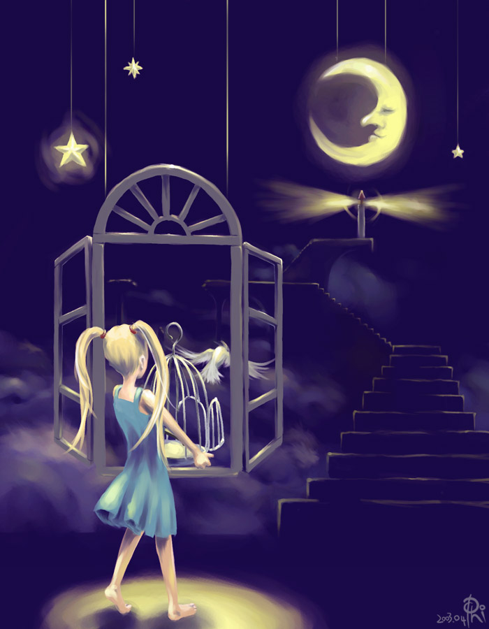 bird birds blonde_hair cage dress lighthouse long_hair moon night original phi_(artist) star stars twintails window