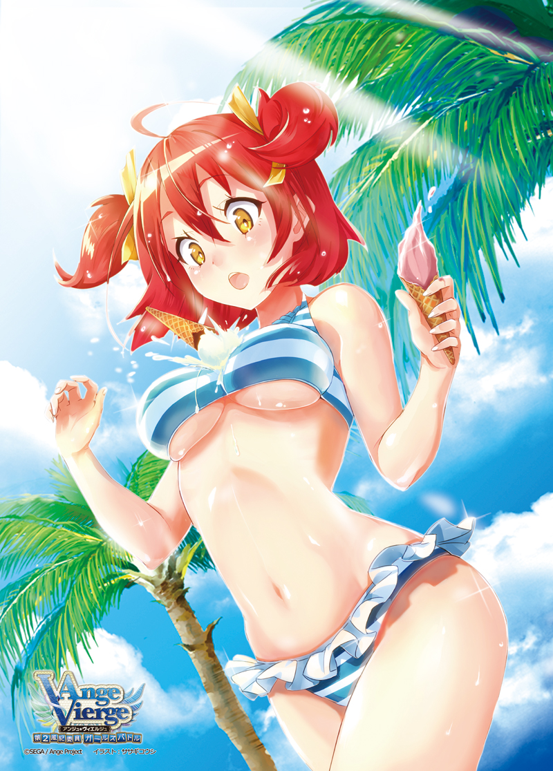 1girl ange_vierge bare_shoulders bikini breasts clouds copyright_name day food frilled_bikini frills holding ice_cream logo medium_breasts navel official_art open_mouth outdoors palm_tree red_eyes shiny short_hair short_twintails sky solo striped striped_bikini sunlight swimsuit tree twintails under_boob yellow_eyes