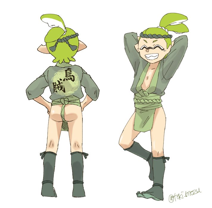 1boy arms_behind_head closed_eyes fundoshi hachimaki headband inkling japanese_clothes male_focus multiple_views nejiri_hachimaki pointy_ears ponytail smile splatoon tentacle_hair turnaround yamakasa