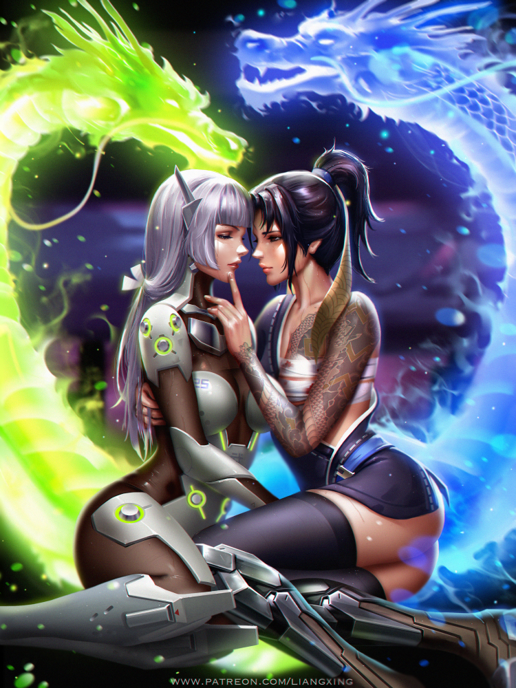 2girls arm_tattoo armor ass asymmetrical_clothes bangs bare_shoulders belt black_hair black_legwear blue_belt blunt_bangs bodysuit boobplate breastplate breasts brown_bodysuit budget_sarashi closed_mouth collarbone commentary dragon dragon_tattoo eastern_dragon face-to-face female finger_in_another's_mouth fingernails gauntlets genderswap genderswap_(mtf) genji_(overwatch) hair_ornament hair_ribbon hair_tie hand_on_another's_back hand_up hanzo_(overwatch) japanese_clothes knee_pads liang_xing lips long_hair looking_at_another low_tied_hair medium_breasts multiple_girls nose overwatch patreon_username ponytail ribbon sarashi short_hair short_ponytail shoulder_pads siblings side_slit sisters sitting skin_tight small_breasts tattoo thigh-highs turtleneck watermark web_address white_ribbon yokozuwari