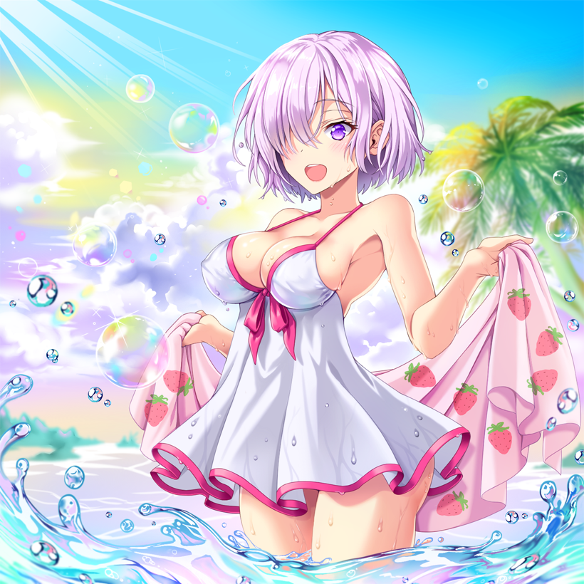 1girl armpits bare_arms bare_shoulders blue_sky blush breasts bubble cleavage clouds cloudy_sky collarbone commentary_request cowboy_shot day dress eyebrows_visible_through_hair fate/grand_order fate_(series) food_print hair_over_one_eye holding holding_towel horizon impossible_clothes impossible_dress legs_together light_rays looking_away medium_breasts ocean open_mouth outdoors palm_tree pink_ribbon print_towel purple_hair ribbon rock shielder_(fate/grand_order) shiny shiny_hair short_dress short_hair sky sleeveless sleeveless_dress solo sparkle splashing standing strawberry_print sundress sunlight towel tree uchuu_gorira violet_eyes wading water_drop wet wet_clothes white_dress