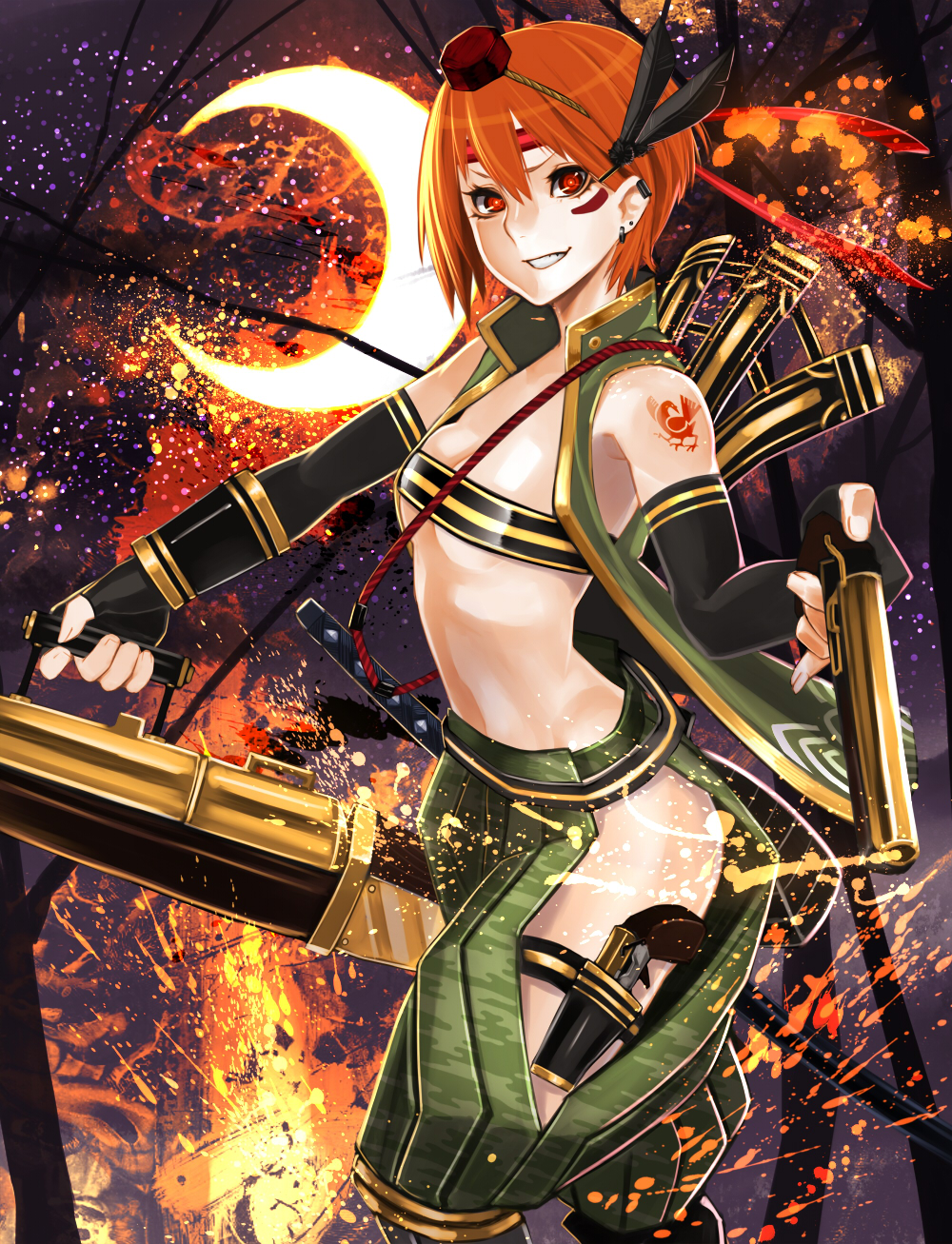 1girl black_gloves commentary_request elbow_gloves feathers fingerless_gloves from_side genderswap genderswap_(mtf) gloves gun hachimaki hair_feathers handgun headband highres holding holding_weapon looking_at_viewer orange_hair original pistol red_eyes ryu0120 saika_magoichi short_hair shoulder_tattoo sleeveless_jacket smile solo sparks strapless tattoo tubetop weapon