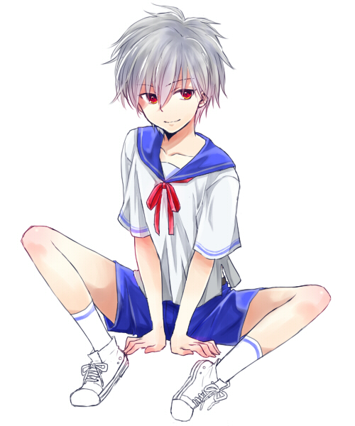 1boy kururugi_shiro male_focus nagisa_kaworu neon_genesis_evangelion red_eyes sailor shoes shorts silver_hair sneakers socks solo white_legwear