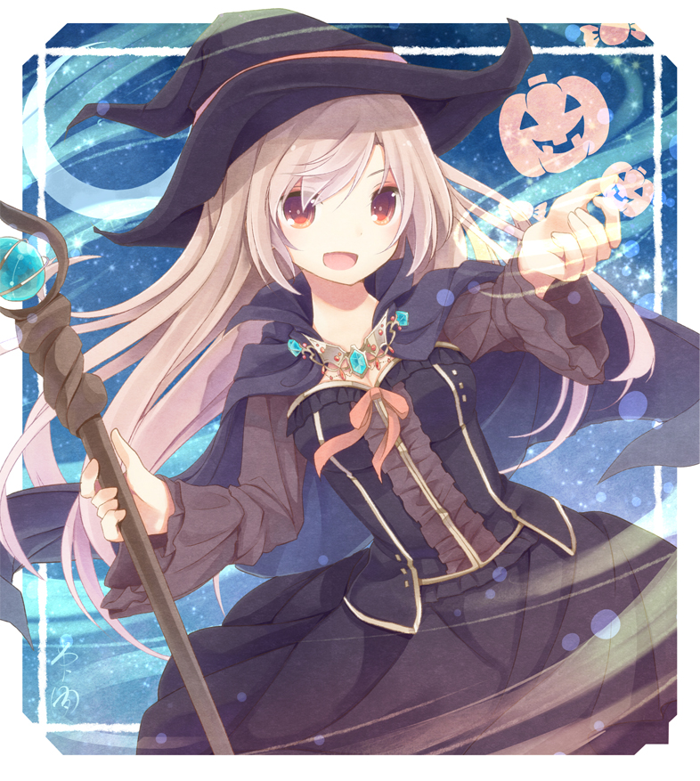 1girl bangs black_dress blush breasts capelet dress dutch_angle grey_hair halloween hand_up hat holding holding_staff jack-o'-lantern long_hair medium_breasts open_mouth original red_eyes smile solo staff witch witch_hat yonema
