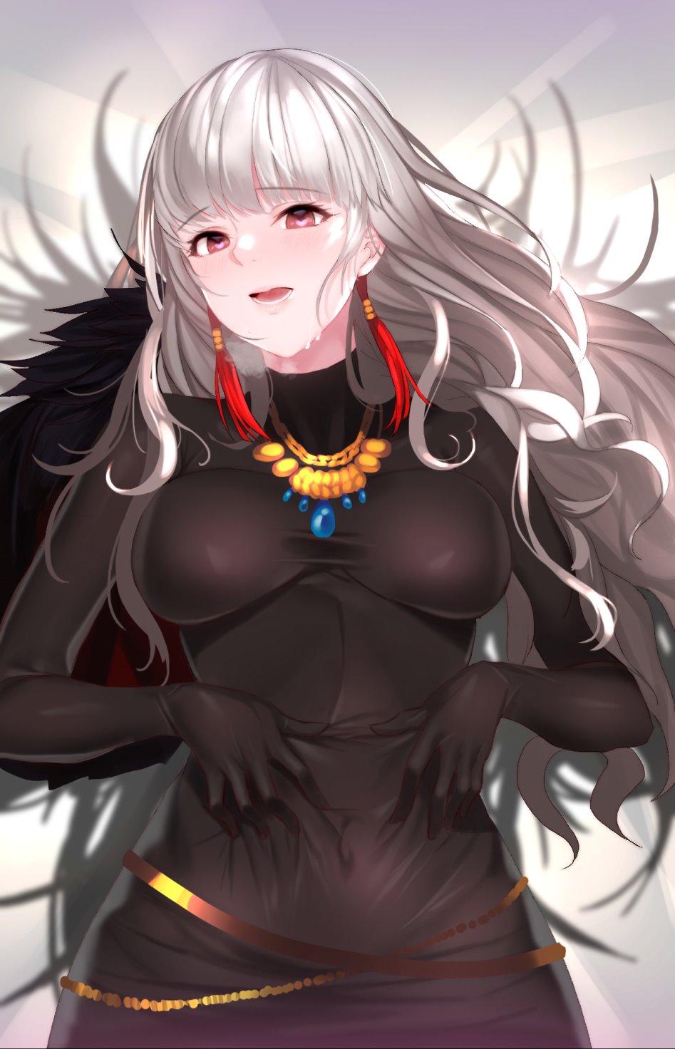 1girl aowltus209 backlighting belt bodysuit breasts breasts_apart clutching_clothes dungeon_and_fighter fur_trim heart heart-shaped_pupils highres jewelry lips looking_at_viewer messy_hair navel necklace open_mouth red_eyes slayer_(dungeon_and_fighter) solo sweat symbol-shaped_pupils tassel taut_bodysuit wavy_hair white_hair