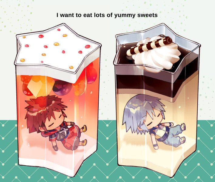 2boys boy_in_food brown_hair candy chibi closed_eyes commentary english floating food fruit in_food jelly kingdom_hearts male_focus miniboy multiple_boys ninomoto riku short_hair silver_hair sleeping sora_(kingdom_hearts)