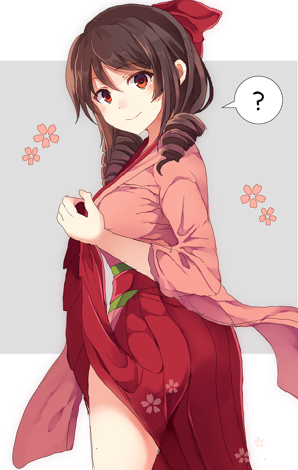 10s 1girl ? blush bow brown_hair cherry_blossoms commentary_request cowboy_shot drill_hair hair_bow hakama harukaze_(kantai_collection) japanese_clothes kantai_collection kimono long_hair looking_at_viewer meiji_schoolgirl_uniform pink_kimono red_bow red_eyes red_hakama sameya smile solo speech_bubble spoken_question_mark thighs twin_drills two-tone_background