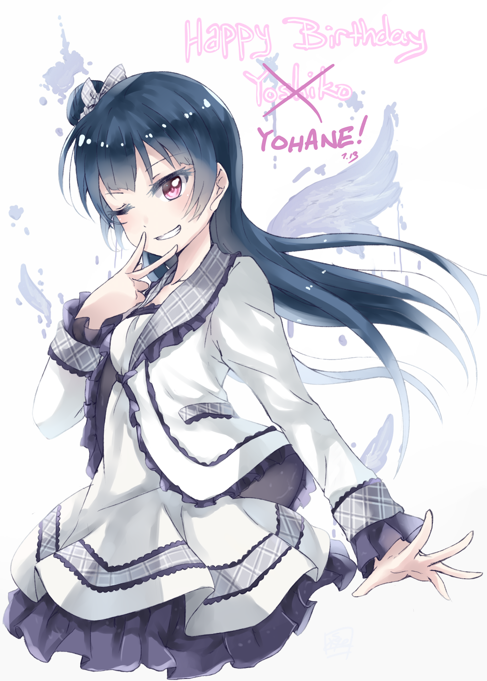 ;d bangs blue_hair bow breasts character_name collarbone commentary_request dated dress english eyebrows_visible_through_hair frilled_dress frilled_jacket frilled_sleeves frills grey_bow grey_jacket hair_bow hair_bun happy_birthday highres jacket limitless_skye long_hair long_sleeves looking_at_viewer love_live! love_live!_sunshine!! one_eye_closed open_mouth plaid plaid_bow side_bun small_breasts smile teeth tsushima_yoshiko v violet_eyes white_background white_dress white_jacket wings