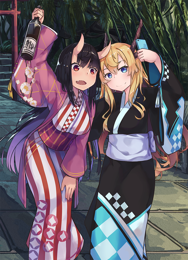 2girls :d arm_up black_hair blonde_hair blue_eyes bottle cellphone commentary dragon_horns fang gradient_hair hand_on_own_knee horns japanese_clothes kimono leaning_forward long_hair long_sleeves multicolored_hair multiple_girls natori_youkai obi oni oni_horns open_mouth original outdoors phone purple_hair red_eyes sash self_shot smile tanabata tree two-tone_hair very_long_hair yukata