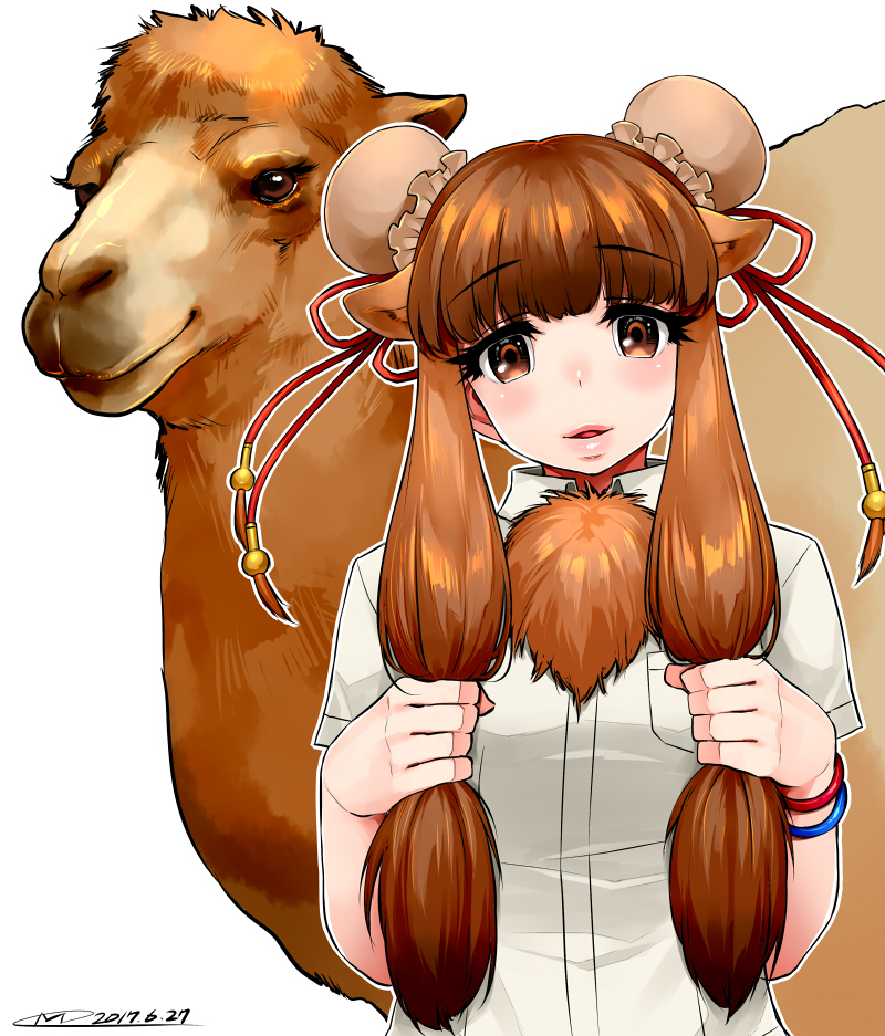 1girl animal_ears artist_name bactrian_camel_(kemono_friends) blush brown_eyes brown_hair camel camel_ears double_bun fur_trim happa_(cloverppd) kemono_friends long_hair open_mouth simple_background solo upper_body white_background