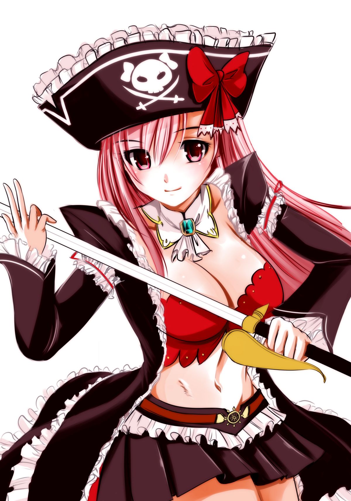 1girl bow breasts captain_liliana cecil_(wing_r) frills hat highres jolly_roger large_breasts long_hair miniskirt pink_eyes pink_hair pirate pirate_hat pleated_skirt queen's_blade queen's_blade_rebellion ribbon skirt skull_and_crossed_swords solo sword very_long_hair weapon