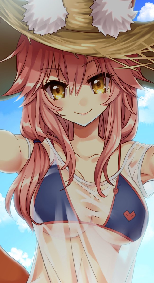 1girl animal_ears bikini blue_bikini blush breasts cleavage collarbone ears_through_headwear fate/extra fate/grand_order fate_(series) fox_ears fox_tail hat large_breasts long_hair looking_at_viewer pink_hair see-through solo swimsuit tail tamamo_(fate)_(all) tamamo_no_mae_(swimsuit_lancer)_(fate) tsukasa_kinako wet wet_clothes yellow_eyes