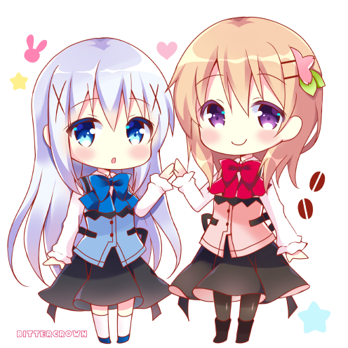 2girls :o artist_name bangs bitter_crown black_legwear black_shoes black_skirt blue_eyes blue_shoes blue_vest blush buttons chibi closed_mouth coffee_beans commentary_request eyebrows_visible_through_hair full_body gochuumon_wa_usagi_desu_ka? hair_ornament hairclip hands_together heart hoto_cocoa kafuu_chino kneehighs long_hair long_sleeves looking_at_viewer lowres multiple_girls open_mouth orange_hair pantyhose pink_vest rabbit_house_uniform shoes sidelocks skirt smile standing star uniform vest violet_eyes white_legwear x_hair_ornament