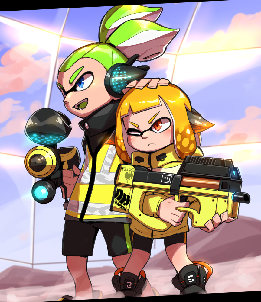 1boy 1girl black_shirt black_shoes black_shorts clouds cloudy_sky day emblem green_hair green_tongue hand_on_another's_head headgear hero_shot_(splatoon) holding holding_weapon inkling jacket light_smile long_hair long_sleeves makotou one_eye_closed open_mouth orange_eyes orange_hair shirt shoes short_hair shorts single_vertical_stripe sky splatoon splatoon_2 squidbeak_splatoon standing topknot turtleneck weapon weapon_request yellow_jacket yellow_vest