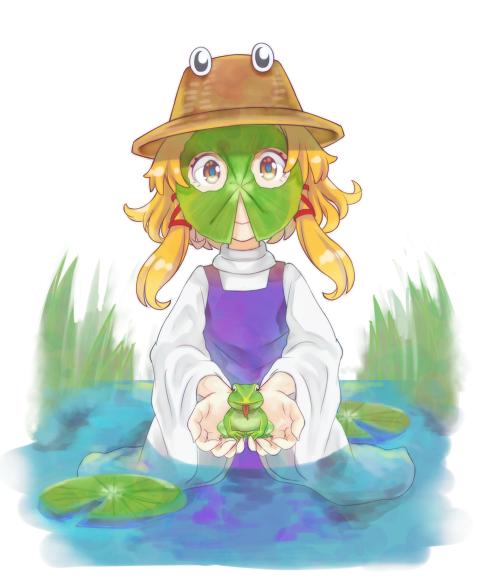 1girl blonde_hair bogyaku_no_m brown_eyes commentary_request day dress frog hair_ribbon hands_up hat holding lily_pad long_sleeves looking_at_viewer mask moriya_suwako outdoors partially_submerged purple_dress ribbon smile standing tongue tongue_out touhou upper_body water wide_sleeves