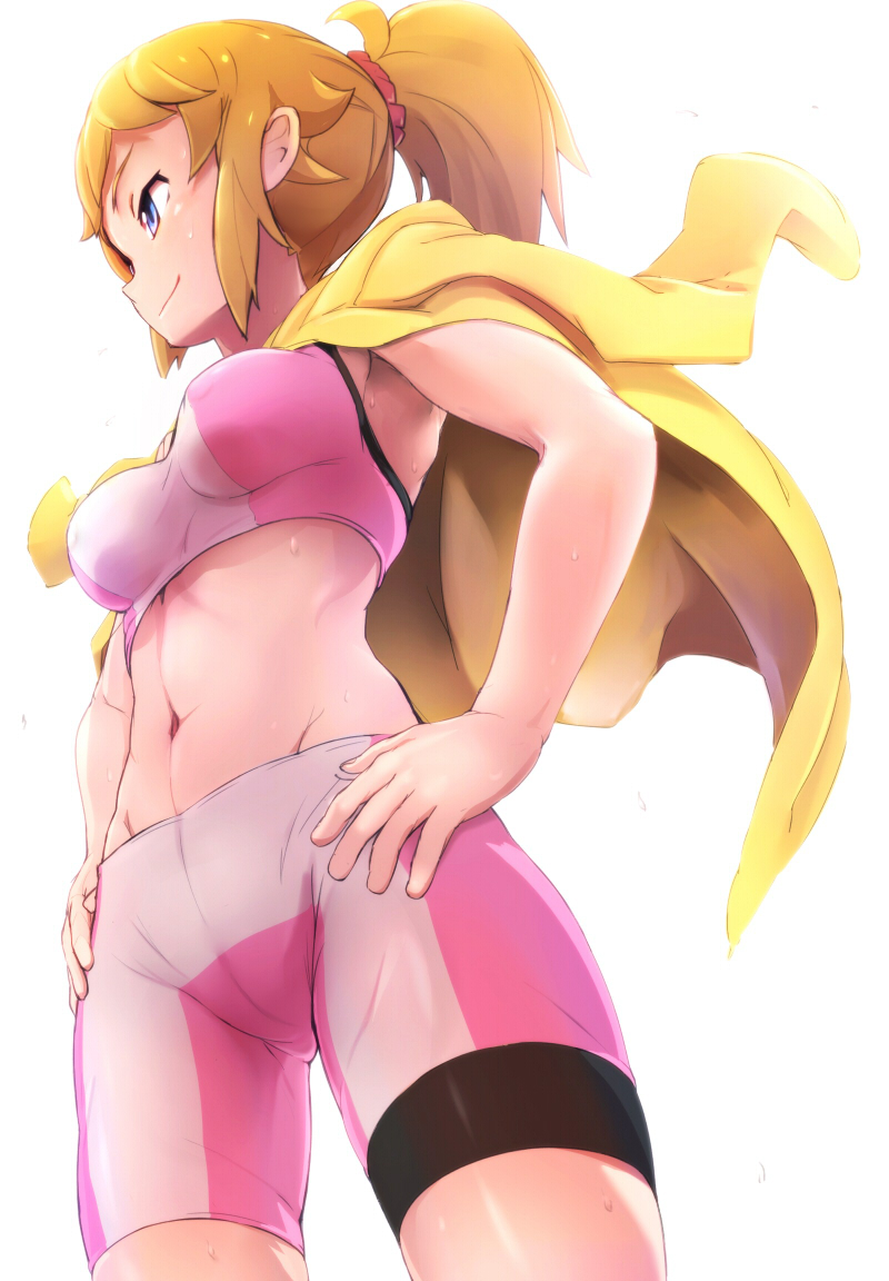 1girl bike_shorts blonde_hair blue_eyes breasts brown_hair closed_mouth commentary_request erect_nipples from_below gundam gundam_build_fighters gundam_build_fighters_try hair_ornament hair_scrunchie hands_on_hips hoshino_fumina jacket jacket_on_shoulders medium_breasts midriff nanjin navel ponytail revision scrunchie simple_background smile solo sports_bra standing white_background yellow_jacket