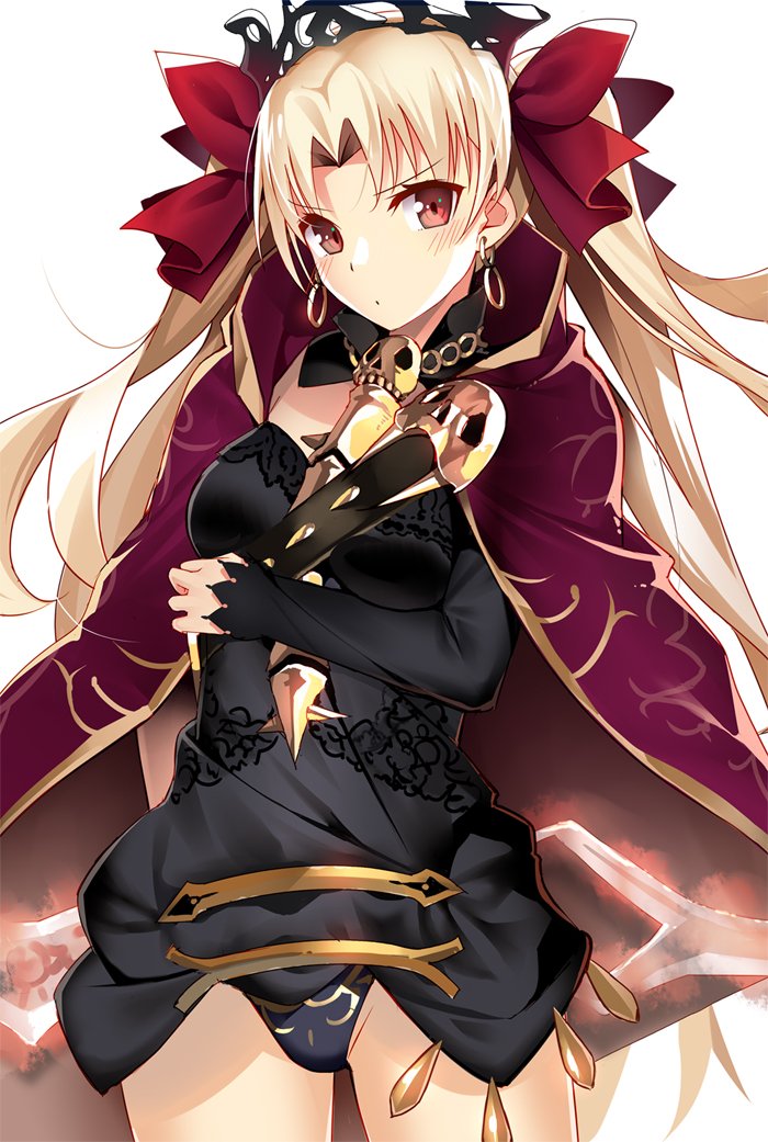 &gt;:o 1girl :o black_dress black_panties blonde_hair blush breasts cape cowboy_shot dress earrings ereshkigal_(fate/grand_order) fate/grand_order fate_(series) hair_ribbon jewelry long_hair long_sleeves looking_at_viewer machimura_komori medium_breasts panties red_cape red_eyes red_ribbon ribbon short_dress skull solo tiara tohsaka_rin twintails underwear very_long_hair