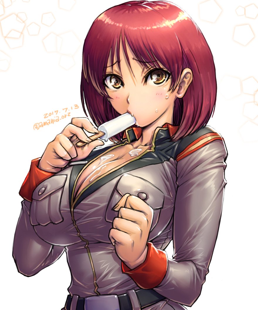 1girl amania_orz belt blush breasts brown_eyes brown_hair collar eating food gundam gundam_lost_war_chronicles huge_breasts ice_cream looking_at_viewer military military_uniform noel_anderson parted_lips shiny shiny_skin short_hair simple_background solo sucking sweat teeth uniform white_background