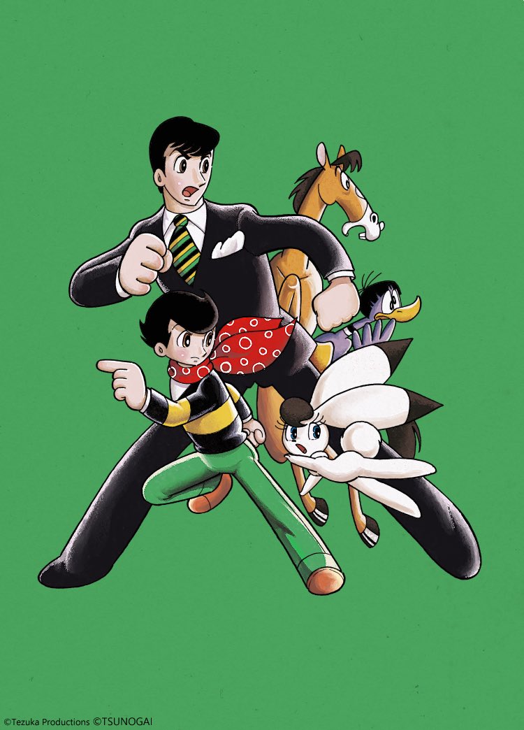 2boys bird bokko_(wonder_three) brothers clenched_hand duck formal full_body green_background horse hoshi_kouichi hoshi_shinichi multiple_boys necktie nokko_(wonder_three) official_art pukko_(wonder_three) rabbit red_scarf running scarf shirt siblings simple_background striped striped_necktie striped_shirt suit tezuka_osamu_(style) tsunogai watermark wonder_three