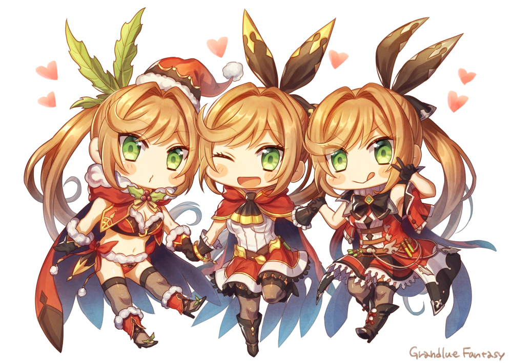 3girls :q ;) bangs bare_shoulders black_gloves black_legwear black_ribbon blush_stickers boots breasts brown_hair cape chibi clarisse_(granblue_fantasy) cleavage eyebrows_visible_through_hair gloves granblue_fantasy green_eyes hair_ribbon hat heart long_hair looking_at_viewer mistletoe mk multiple_girls multiple_persona navel o3o one_eye_closed open_mouth pom_pom_(clothes) ponytail red_cape red_hat red_skirt ribbon santa_hat sidelocks simple_background skirt smile thigh-highs tongue tongue_out v_over_eye white_background