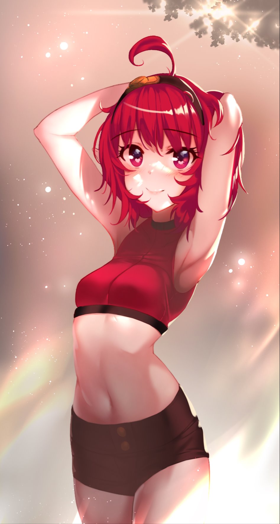 1girl aowltus209 arched_back armpits arms_up blush breasts crop_top dungeon_and_fighter dust_particles hairband hands_in_hair heart heart-shaped_pupils highres looking_at_viewer mage_(dungeon_and_fighter) midriff navel pink_eyes short_hair short_shorts shorts small_breasts solo sunlight symbol-shaped_pupils thighs
