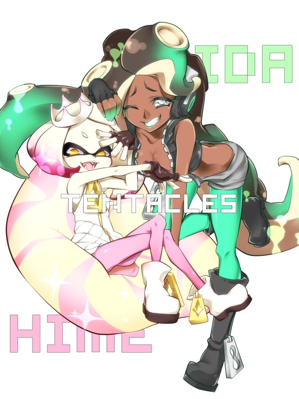 2girls ankle_boots bean_bag_chair black_boots black_hair black_shirt black_shorts boots breasts character_name crop_top crown domino_mask english fangs full_body green_eyes green_legwear grin headphones inkling knee_boots leaning_forward legs_crossed long_hair marina_(splatoon) mask medium_breasts midriff multiple_girls nabebuta octarian one_eye_closed pantyhose pearl_(splatoon) pink_legwear shirt short_hair shorts sitting smile splatoon splatoon_2 standing standing_on_one_leg tentacle_hair unzipped white_boots white_hair yellow_eyes zipper_pull_tab