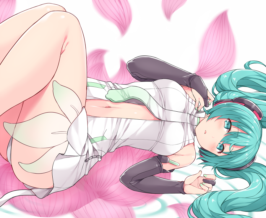 1girl aqua_eyes aqua_hair bridal_gauntlets hasu_(hk_works) hatsune_miku long_hair looking_at_viewer miku_append nail_polish navel necktie solo thigh-highs twintails vocaloid vocaloid_append