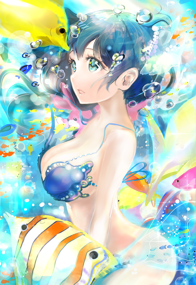 1girl air_bubble animal arched_back bangs bikini_top blue_bikini_top blue_eyes blue_hair bottomless breasts cleavage commentary_request from_side keepout large_breasts long_hair ocean original parted_lips rabbit solo tropical_fish underwater