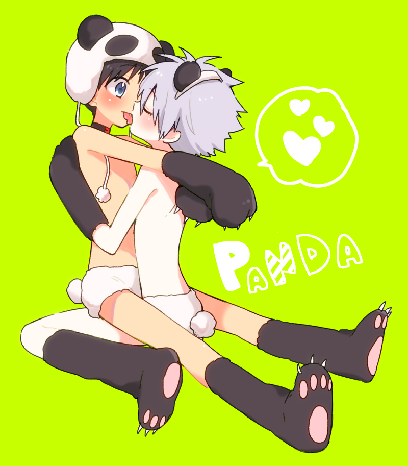 2boys black_hair blue_eyes choker closed_eyes gloves grey_hair ikari_shinji licking male_focus multiple_boys nagisa_kaworu neon_genesis_evangelion panda_ears panda_hat panda_tail paw_gloves paw_shoes paws plico_(nicoma) shirtless shoes yaoi