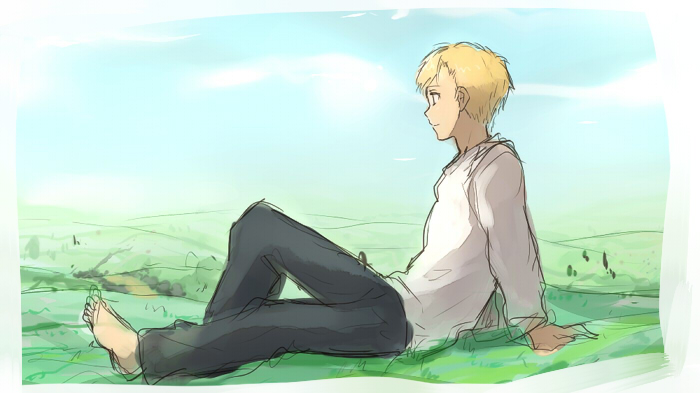 1boy alphonse_elric arm_support barefoot black_pants clouds day frame fullmetal_alchemist grass happy knee_up landscape long_hair long_sleeves looking_afar looking_away mountain nature pants riru shirt short_hair sitting sky smile solo_focus tree white_shirt