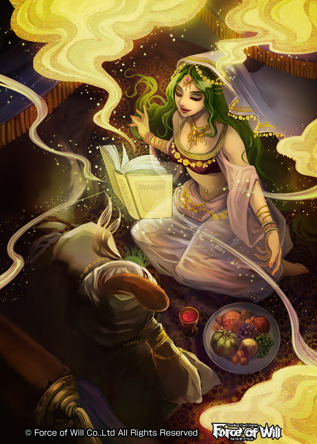 1girl alcohol barefoot book bracelet breasts cleavage copyright_name faceless faceless_male feathers food force_of_will fruit green_hair hair_ornament jewelry long_hair midriff navel necklace nekobayashi official_art open_mouth piercing pillow sitting turban veil wine