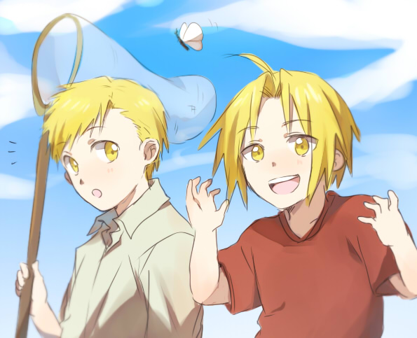 /\/\/\ 2boys :d :o alphonse_elric blonde_hair blush brothers butterfly butterfly_net child clouds edward_elric eyebrows_visible_through_hair flying fullmetal_alchemist hand_net happy looking_at_another looking_at_viewer male_focus multiple_boys open_mouth red_shirt riru shirt short_hair siblings sky smile surprised white_shirt yellow_eyes