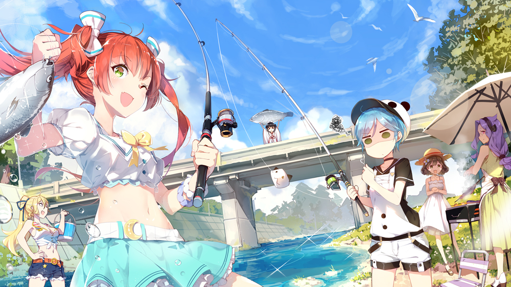 &gt;_&lt; 6+girls :d ;d animal_hat apron arms_up bangs barbecue bare_shoulders baseball_cap beach_umbrella belt belt_buckle bird black_hair blonde_hair blue_hair blue_sky bow bowtie breasts bridge brown_hair bucket buckle chair character_request cleavage clouds crescent crop_top day denim denim_shorts dress eyebrows_visible_through_hair fang fish fishing fishing_hook fishing_rod flower frilled_skirt frills glasses green_eyes grill hair_bow hair_flower hair_ornament hair_ribbon hairband hand_on_hip hat holding holding_bucket jitome lens_flare lf long_hair looking_at_another looking_back medium_breasts midriff multiple_girls navel official_art one_eye_closed open_mouth outdoors ponytail puffy_short_sleeves puffy_sleeves purple_hair red_eyes redhead ribbon river sailor_collar sandals shaded_face shaonyu_cofee_gun shirt shoes short_hair short_sleeves shorts skirt sky sleeveless sleeveless_dress small_breasts smile sparkle squiggle standing star sun_hat sundress sunlight tied_shirt tree twintails umbrella water water_drop white_dress yellow_bow yellow_bowtie
