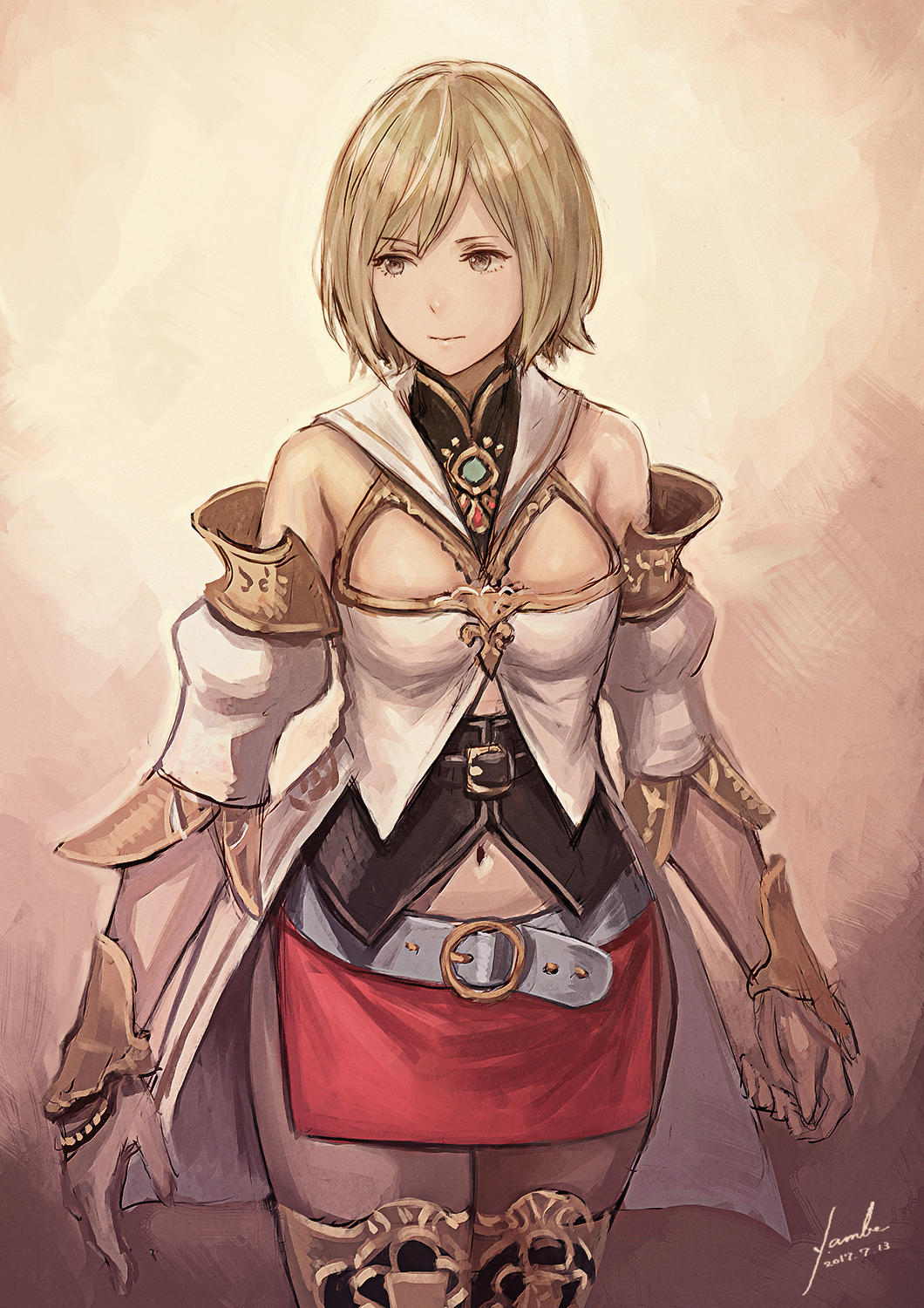 1girl anbe_yoshirou ashelia_b'nargin_dalmasca belt blonde_hair breasts cleavage detached_sleeves final_fantasy final_fantasy_xii highres looking_to_the_side midriff navel short_hair skirt solo thigh-highs