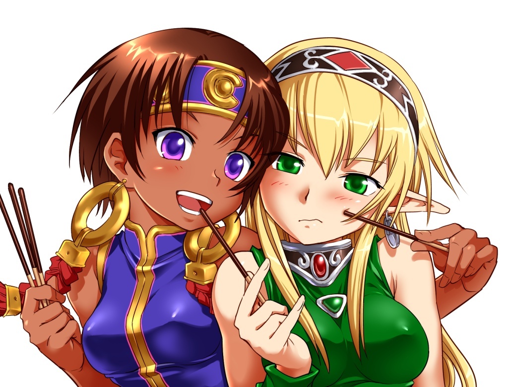 2girls arm_around_neck bangs black_hairband blonde_hair blue_eyes blue_headband blue_shirt breasts brown_hair cheek_poking closed_mouth commentary_request culdcept earrings elf food frown green_eyes green_shirt hairband halterneck hawawani headband holding holding_food jewelry kigi long_hair looking_at_viewer medium_breasts multiple_girls najaran open_mouth pocky pointy_ears poking portrait shirt short_hair simple_background smile standing white_background wristband