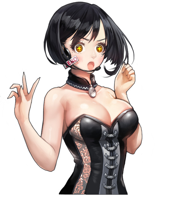 +_+ 1girl :o bare_shoulders black_hair breasts brown_eyes choker cleavage hand_up headset large_breasts looking_at_viewer majo solo upper_body
