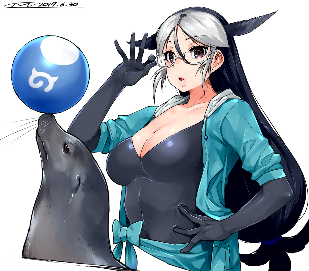 1girl animal_ears artist_name ball black_hair breasts california_sea_lion_(kemono_friends) cleavage dated gloves hair_ornament happa_(cloverppd) japari_symbol kemono_friends long_hair low_ponytail multicolored_hair open_mouth sea_lion simple_background solo two-tone_hair upper_body white_background white_hair