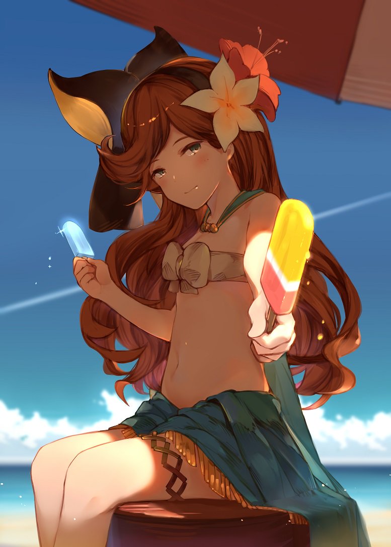 1girl bandeau bangs bare_shoulders beach bikini black_bow blush bow breasts brown_hair closed_mouth flower food granblue_fantasy hair_bow hair_flower hair_ornament hairband hana_mori hibiscus holding holding_food horizon incoming_food legs_together light_smile long_hair looking_at_viewer mole mole_under_eye ocean outdoors outstretched_arm popsicle red_flower sara_(granblue_fantasy) sarong sitting small_breasts solo swept_bangs swimsuit umbrella white_flower