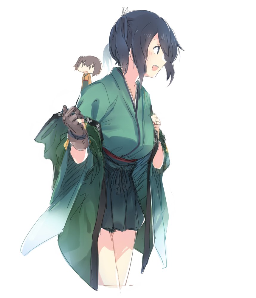 10s 2girls blue_hair blush brown_hair chibi clothes_writing commentary_request cowboy_shot eyebrows_visible_through_hair gloves green_hakama green_kimono hair_between_eyes hair_ribbon hakama hakama_skirt happi hiryuu_(kantai_collection) japanese_clothes kantai_collection kimono long_hair looking_to_the_side multiple_girls one_side_up open_mouth orange_kimono partly_fingerless_gloves ribbon round_teeth satsumi short_hair simple_background smile souryuu_(kantai_collection) teeth twintails white_background white_ribbon yugake |_|