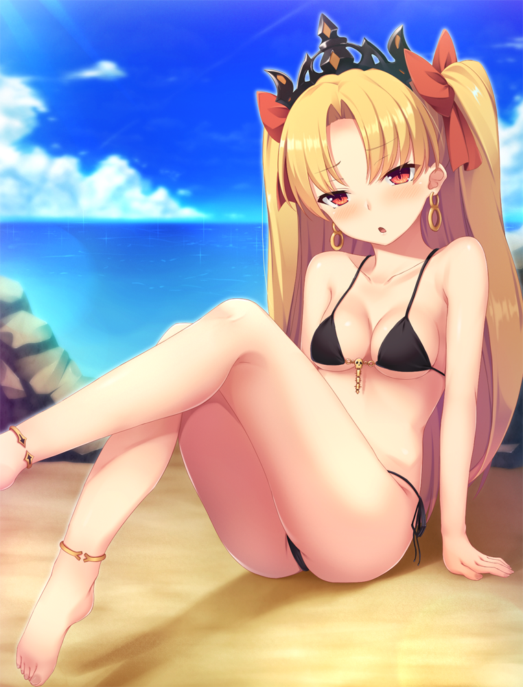 1girl :o bangs barefoot beach bikini black_bikini blonde_hair blush breasts collarbone day ereshkigal_(fate/grand_order) eyebrows_visible_through_hair fate/grand_order fate_(series) long_hair looking_at_viewer medium_breasts momo_no_kanzume open_mouth outdoors parted_bangs plantar_flexion red_eyes side-tie_bikini sitting solo swimsuit thighs tohsaka_rin two_side_up