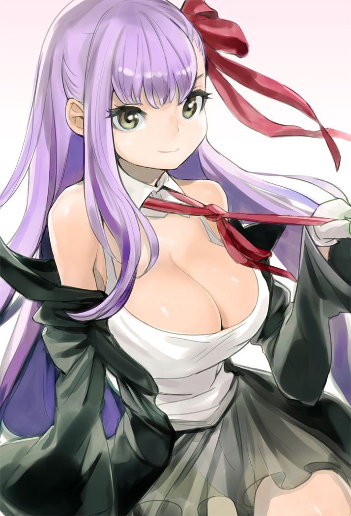 1girl bangs bare_shoulders bb_(fate/extra_ccc) black_jacket black_skirt breasts brown_eyes cleavage closed_mouth detached_collar dtym eyelashes fate/extra fate/extra_ccc fate_(series) gloves hair_ribbon jacket large_breasts long_hair off_shoulder purple_hair red_ribbon ribbon shirt simple_background skirt smile solo very_long_hair white_gloves white_shirt wide_sleeves