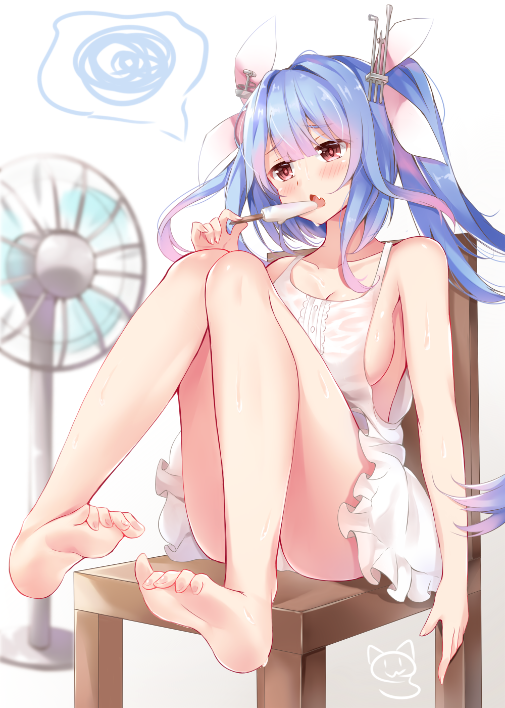 10s 1girl alternate_costume bare_arms bare_shoulders barefoot blue_hair blush breasts chair collarbone dress electric_fan fang feet food highres holding holding_food i-19_(kantai_collection) kantai_collection long_hair medium_breasts nahaki open_mouth popsicle red_eyes sideboob sitting sleeveless sleeveless_dress solo toes tri_tails white_dress