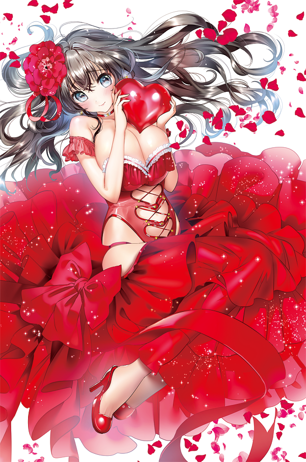 1girl bangs bare_shoulders blue_eyes breasts brown_hair cleavage closed_mouth collar commentary_request dress eyebrows_visible_through_hair floating_hair flower full_body hair_between_eyes hair_flower hair_ornament heart_cutout high_heels holding_heart kanojo_(ogino_atsuki) large_breasts legs legs_together leotard long_hair looking_at_viewer lying ogino_atsuki on_side original petals red red_dress red_flower red_leotard revealing_clothes smile solo wavy_hair