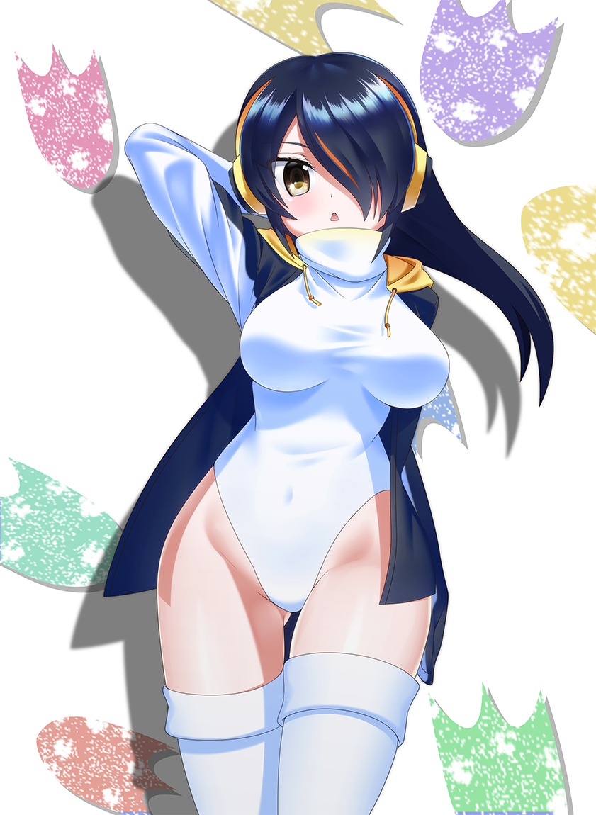 1girl black_hair blush breasts brown_eyes covered_navel emperor_penguin_(kemono_friends) hair_over_one_eye headphones highleg highleg_leotard hood hoodie jacket kagiyama_(gen'ei_no_hasha) kemono_friends large_breasts leotard long_hair looking_at_viewer multicolored_hair open_clothes penguins_performance_project_(kemono_friends) solo thigh-highs white_legwear white_leotard