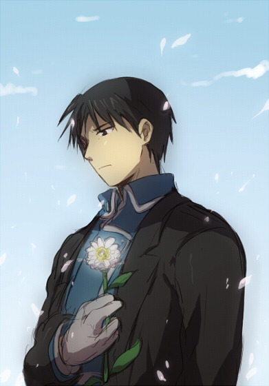 1boy black_eyes black_hair clouds coat daisy eyebrows_visible_through_hair feathers flower fullmetal_alchemist gloves glowing_flower hand_on_own_chest looking_away looking_down riru roy_mustang sad shaded_face short_hair sky solo_focus uniform