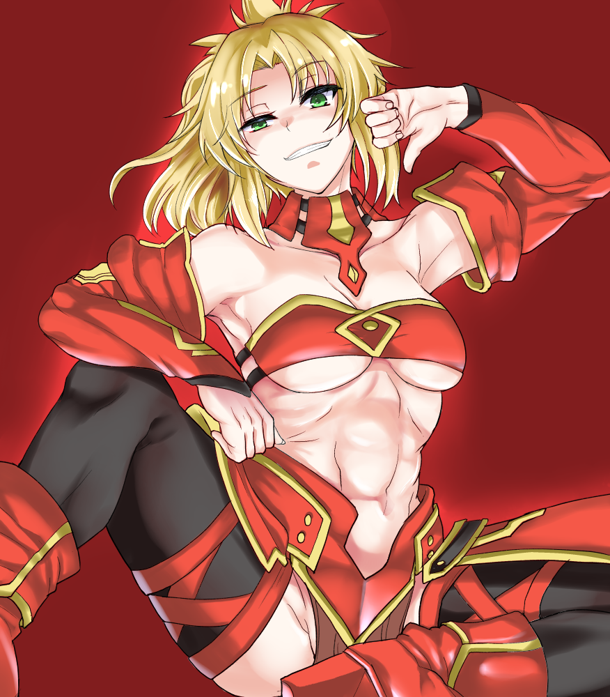 1girl abs ao_(time-leap) armpits bare_shoulders black_legwear blonde_hair breasts detached_sleeves fate/grand_order fate_(series) grin high_heels looking_at_viewer navel raised_eyebrow red_background saber_of_red short_hair simple_background smile solo thigh-highs thighs under_boob